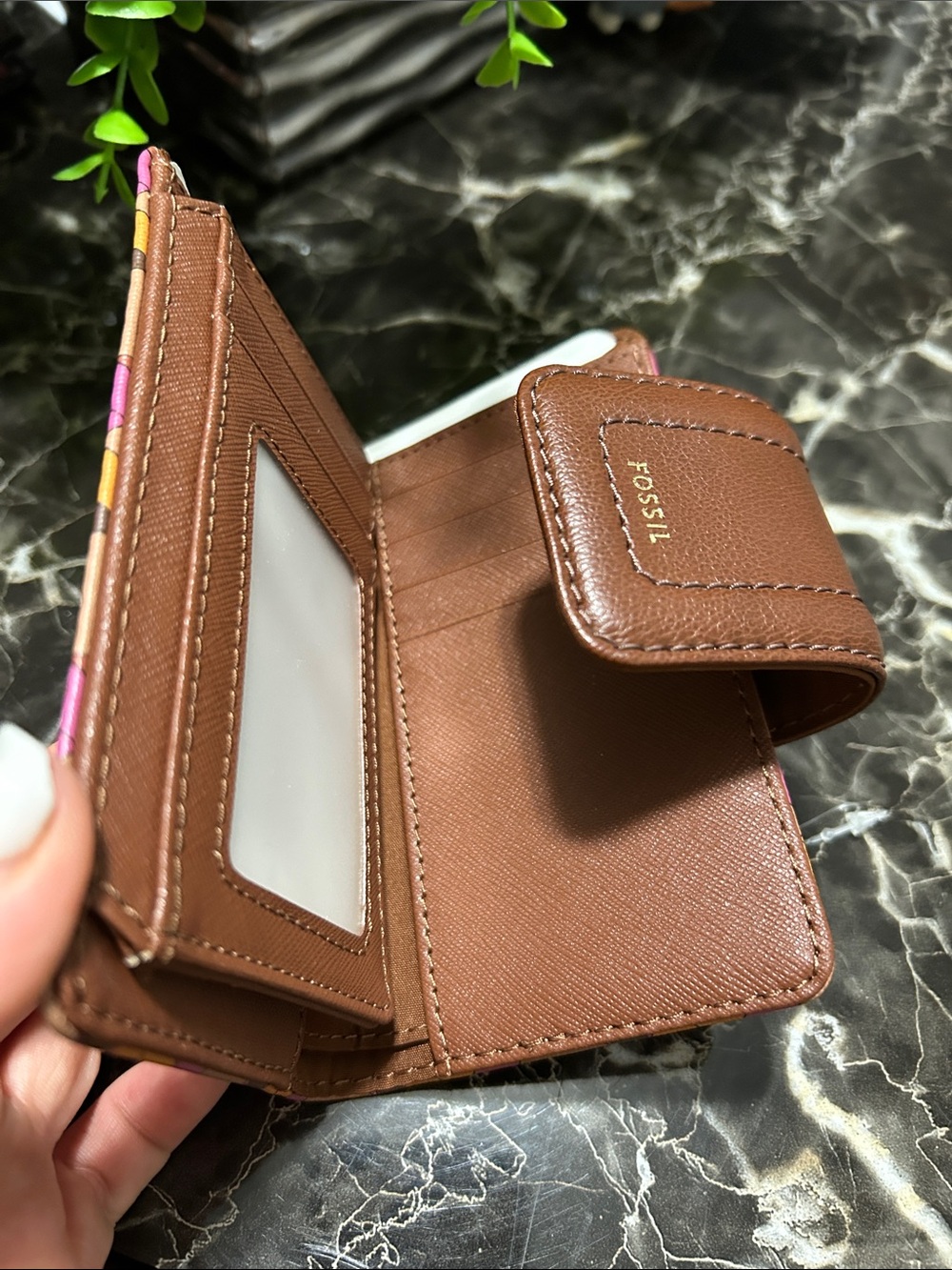 Fossil Brown Wallet with Pink & Orange Geometric Pattern - Picture 3 of 6